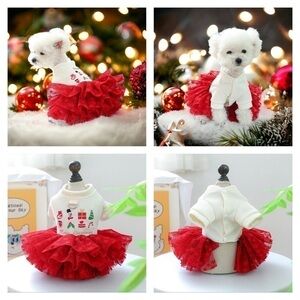 Christmas Puppy Dog Dress Lace Tulle Bottom Leash attachment Beige Red Small